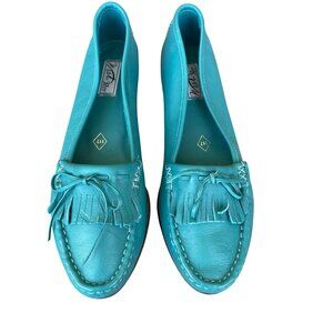 West 31 Women's Teal Moccassin Slippers sz 7.5 LEATHER Fringe Deadstock w/Box
